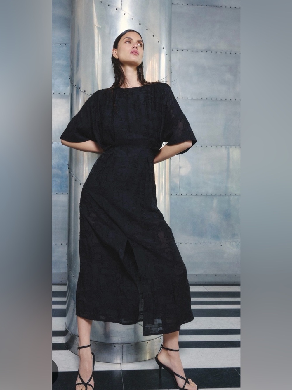 Black Textured Midi Dress with Front Slit size US 10 NWT